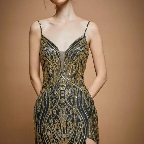 New long Black/gold fitted beaded low open back dress is available for  purchase on au PAY Market - Imported Goods Online Store Co.Ltd. | au PAY  Market - Online Shopping Site